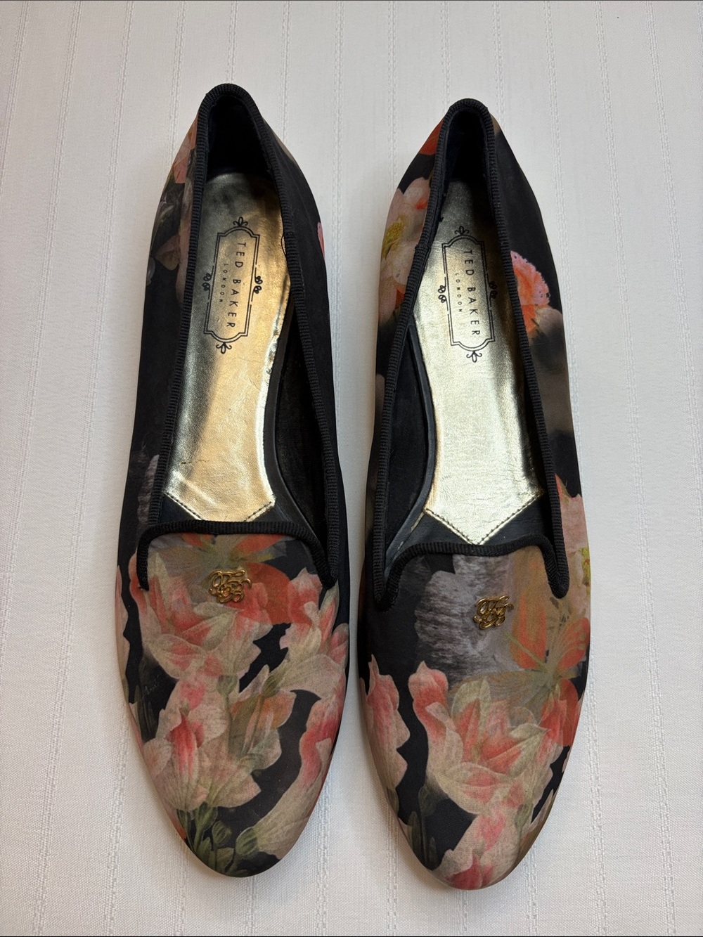Ted Baker Black Floral Slip-Ons with Pink Accents